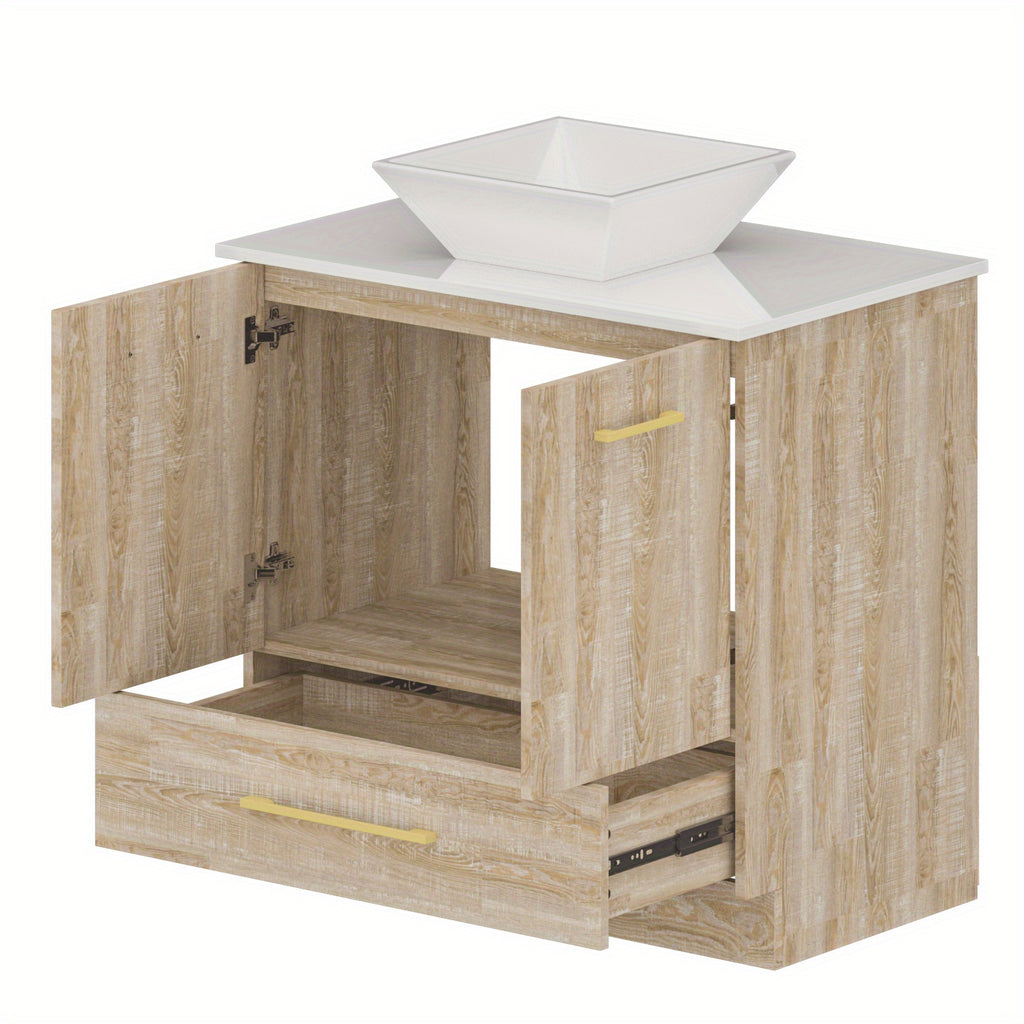 Free-Standing Single Bathroom Vanity, with White Ceramic Top, White Washbasin, Oak Cabinet Body, Large Storage Capacity, Minimalist Design