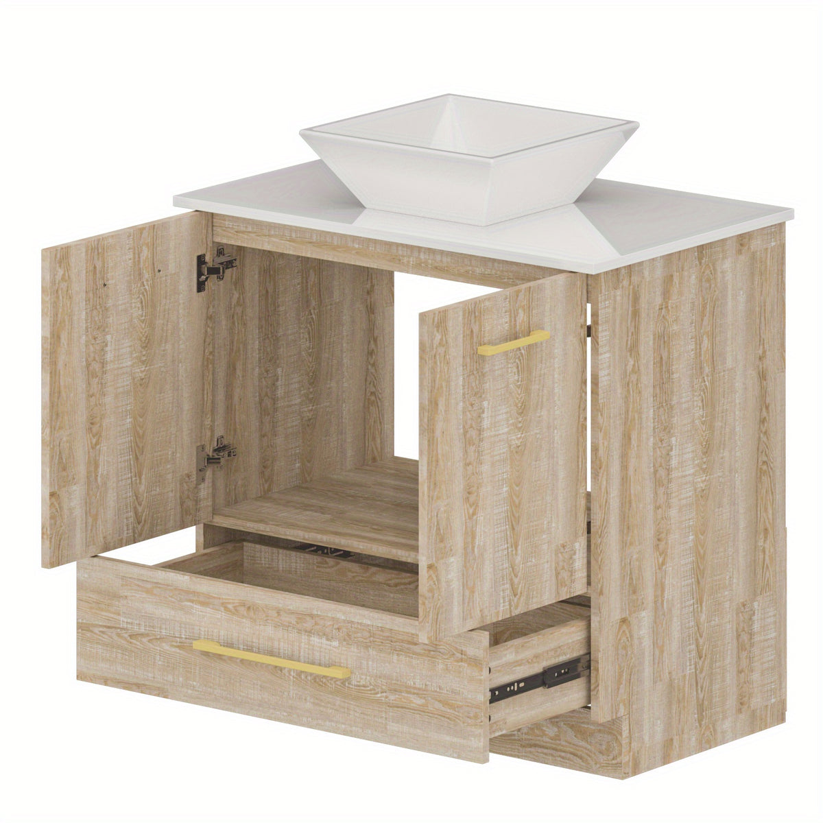 Free-Standing Single Bathroom Vanity, with White Ceramic Top, White Washbasin, Oak Cabinet Body, Large Storage Capacity, Minimalist Design