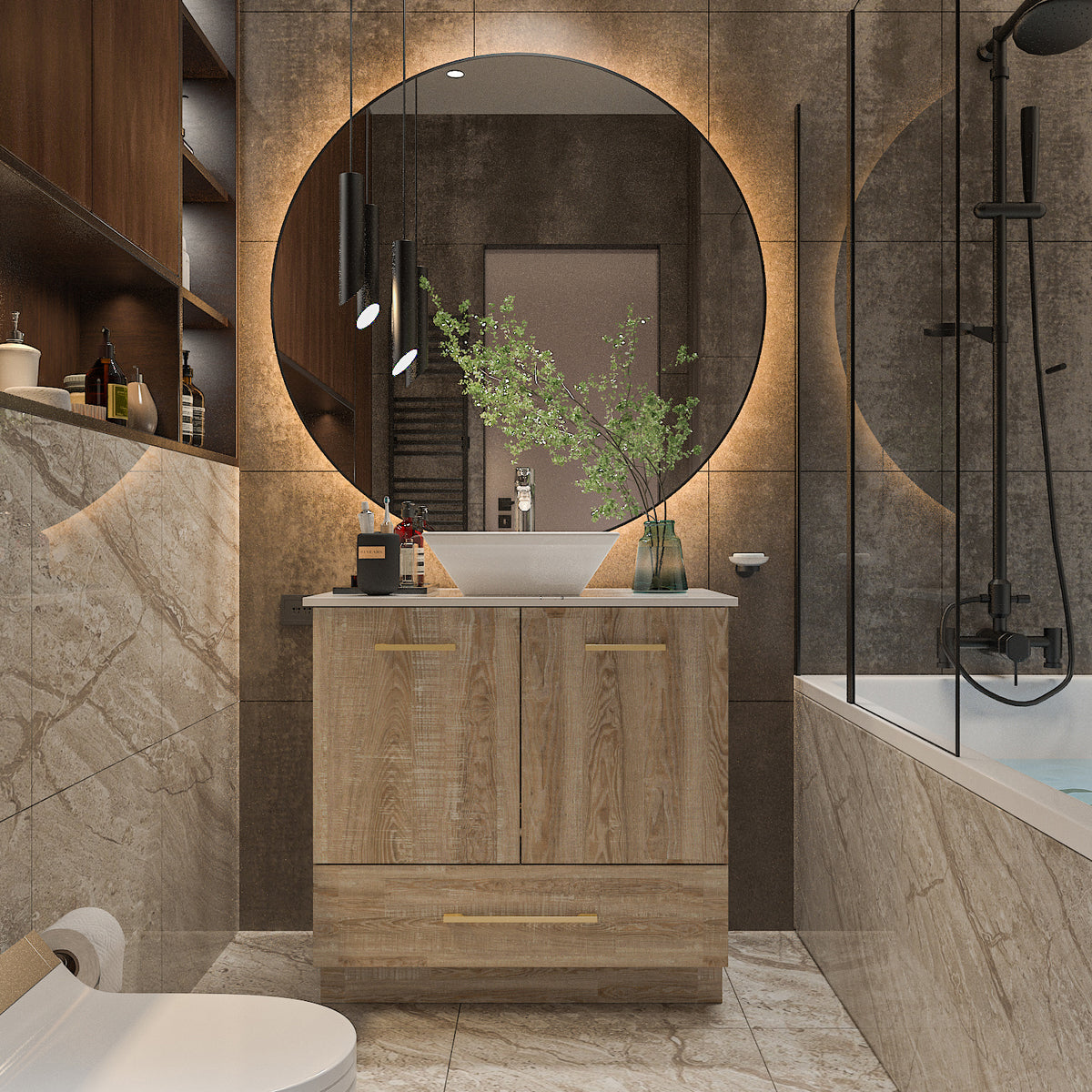 Free-Standing Single Bathroom Vanity, with White Ceramic Top, White Washbasin, Oak Cabinet Body, Large Storage Capacity, Minimalist Design