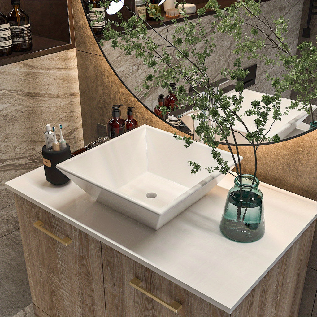 Free-Standing Single Bathroom Vanity, with White Ceramic Top, White Washbasin, Oak Cabinet Body, Large Storage Capacity, Minimalist Design