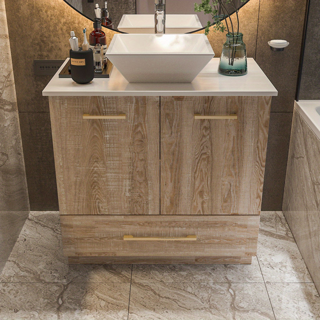Free-Standing Single Bathroom Vanity, with White Ceramic Top, White Washbasin, Oak Cabinet Body, Large Storage Capacity, Minimalist Design