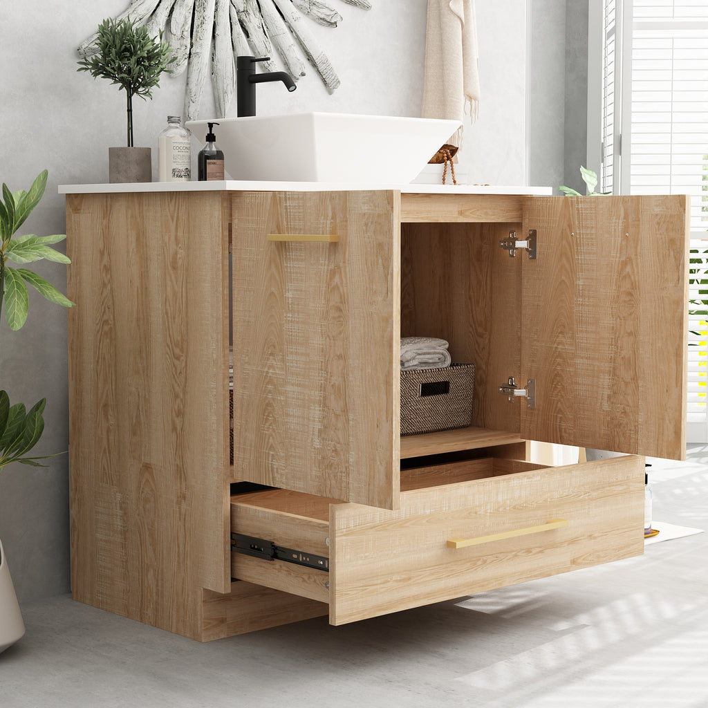 Free-Standing Single Bathroom Vanity, with White Ceramic Top, White Washbasin, Oak Cabinet Body, Large Storage Capacity, Minimalist Design
