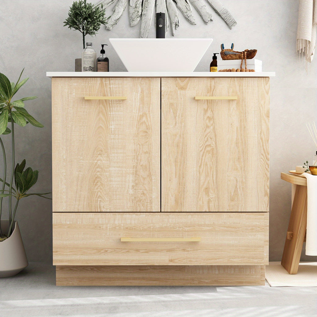 Free-Standing Single Bathroom Vanity, with White Ceramic Top, White Washbasin, Oak Cabinet Body, Large Storage Capacity, Minimalist Design