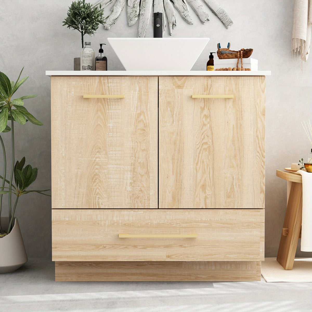 Free-Standing Single Bathroom Vanity, with White Ceramic Top, White Washbasin, Oak Cabinet Body, Large Storage Capacity, Minimalist Design
