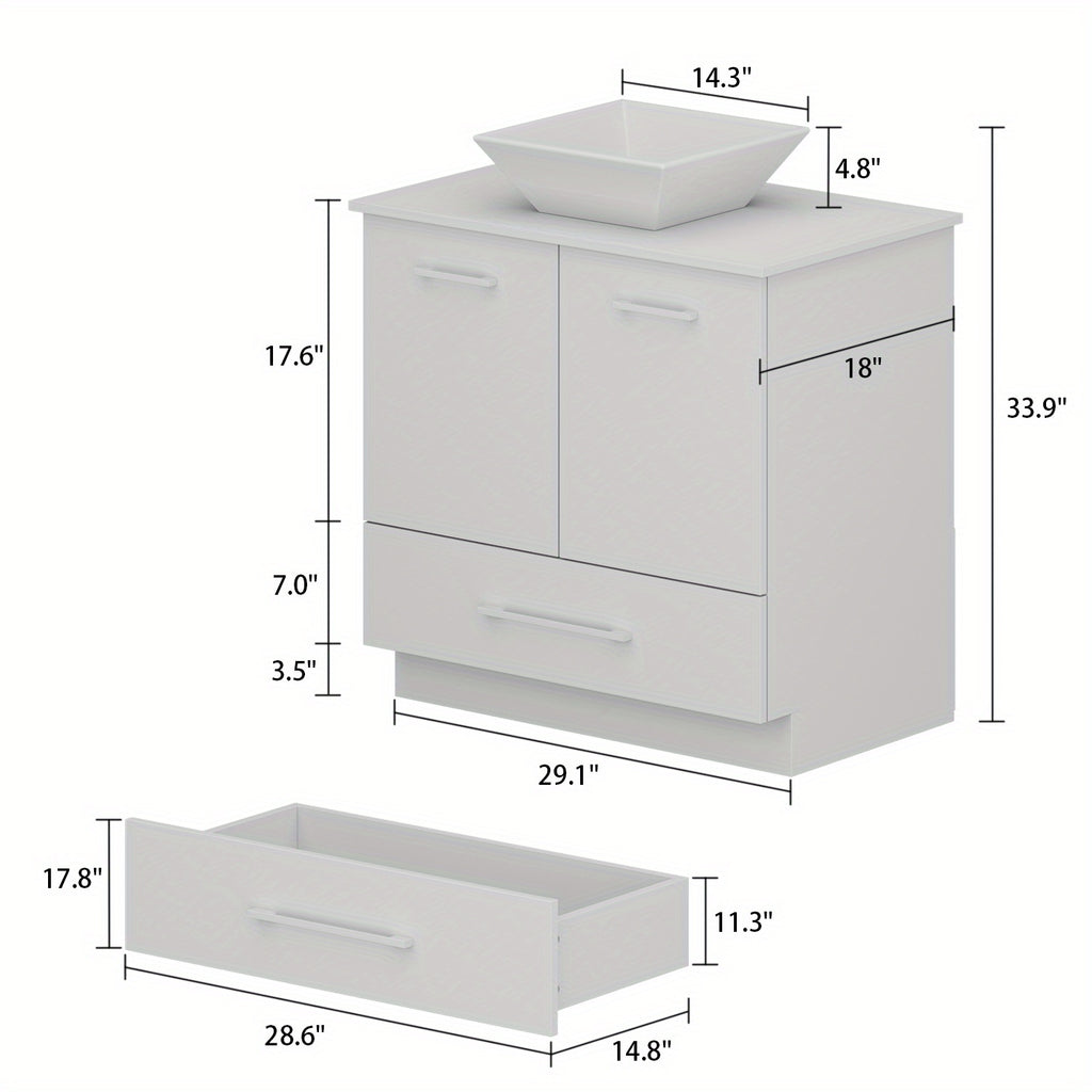Free-Standing Single Bathroom Vanity, with White Ceramic Top, White Washbasin, Oak Cabinet Body, Large Storage Capacity, Minimalist Design