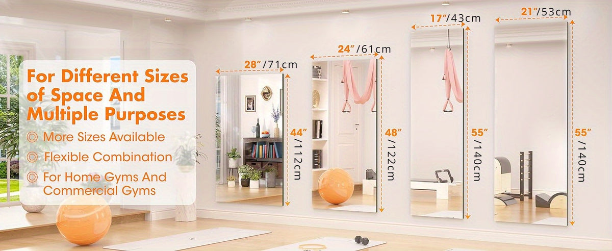 Hasipu Home Gym Mirror Large Full Body Mirror for Yoga, Large Wall Mirror Full Length for Fitness, Garage, Dance Studio, 0.16in Tempered Glass Frameless Mirror-1pc/2pcs/3pcs