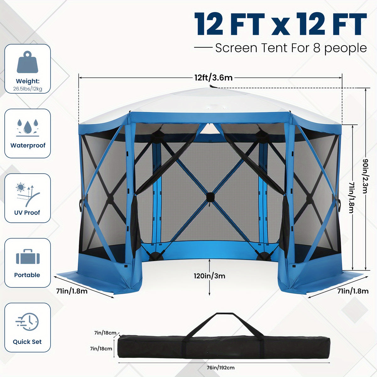 Pop-up Gazebo, 12x12ft Camping Gazebo, Outdoor Screen Gazebo, with Side Walls, Portable Hub Tent, with Tote Bag And Ground Stake
