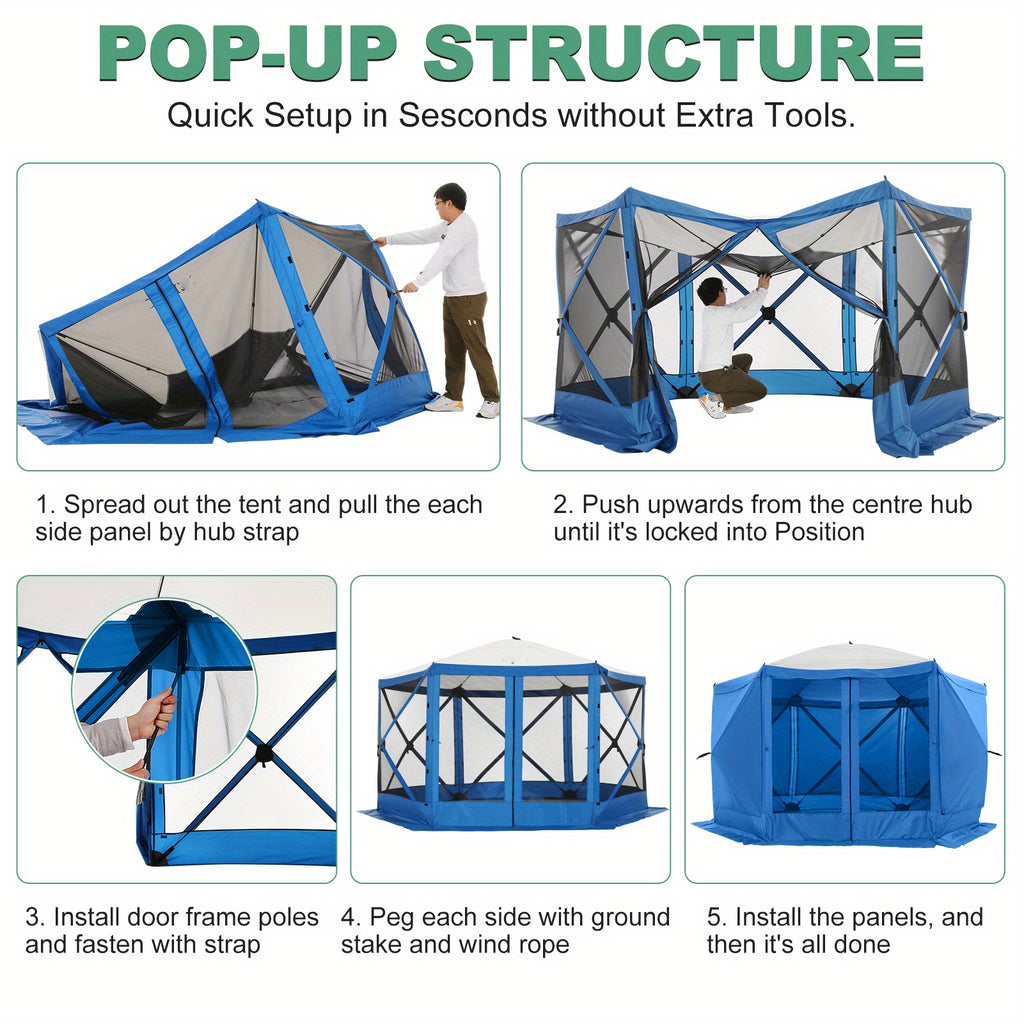 Pop-up Gazebo, 12x12ft Camping Gazebo, Outdoor Screen Gazebo, with Side Walls, Portable Hub Tent, with Tote Bag And Ground Stake