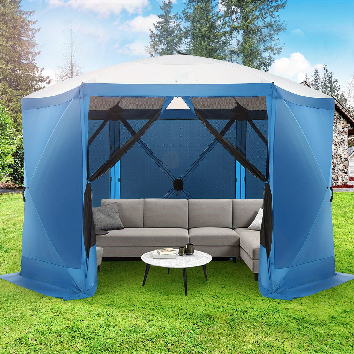 Pop-up Gazebo, 12x12ft Camping Gazebo, Outdoor Screen Gazebo, with Side Walls, Portable Hub Tent, with Tote Bag And Ground Stake