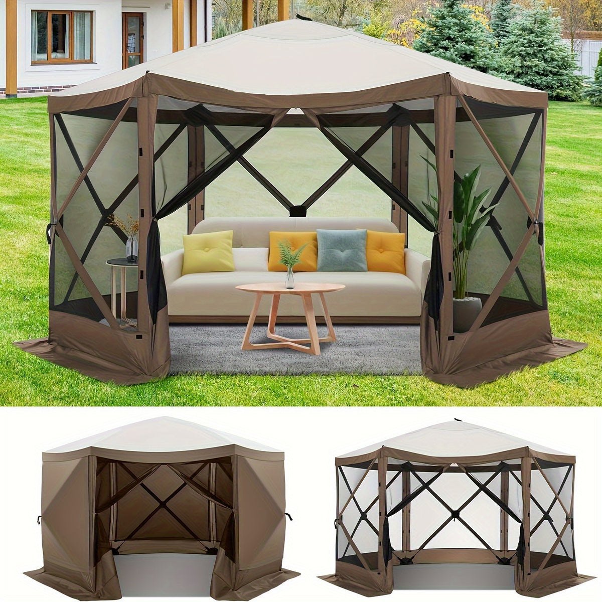Pop-up Gazebo, 12x12ft Camping Gazebo, Outdoor Screen Gazebo, with Side Walls, Portable Hub Tent, with Tote Bag And Ground Stake