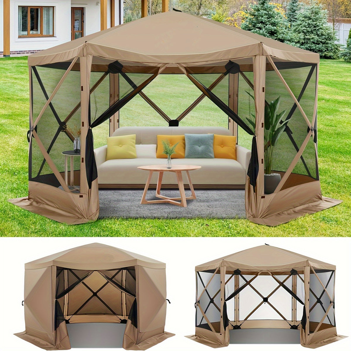 Pop-up Gazebo, 12x12ft Camping Gazebo, Outdoor Screen Gazebo, with Side Walls, Portable Hub Tent, with Tote Bag And Ground Stake
