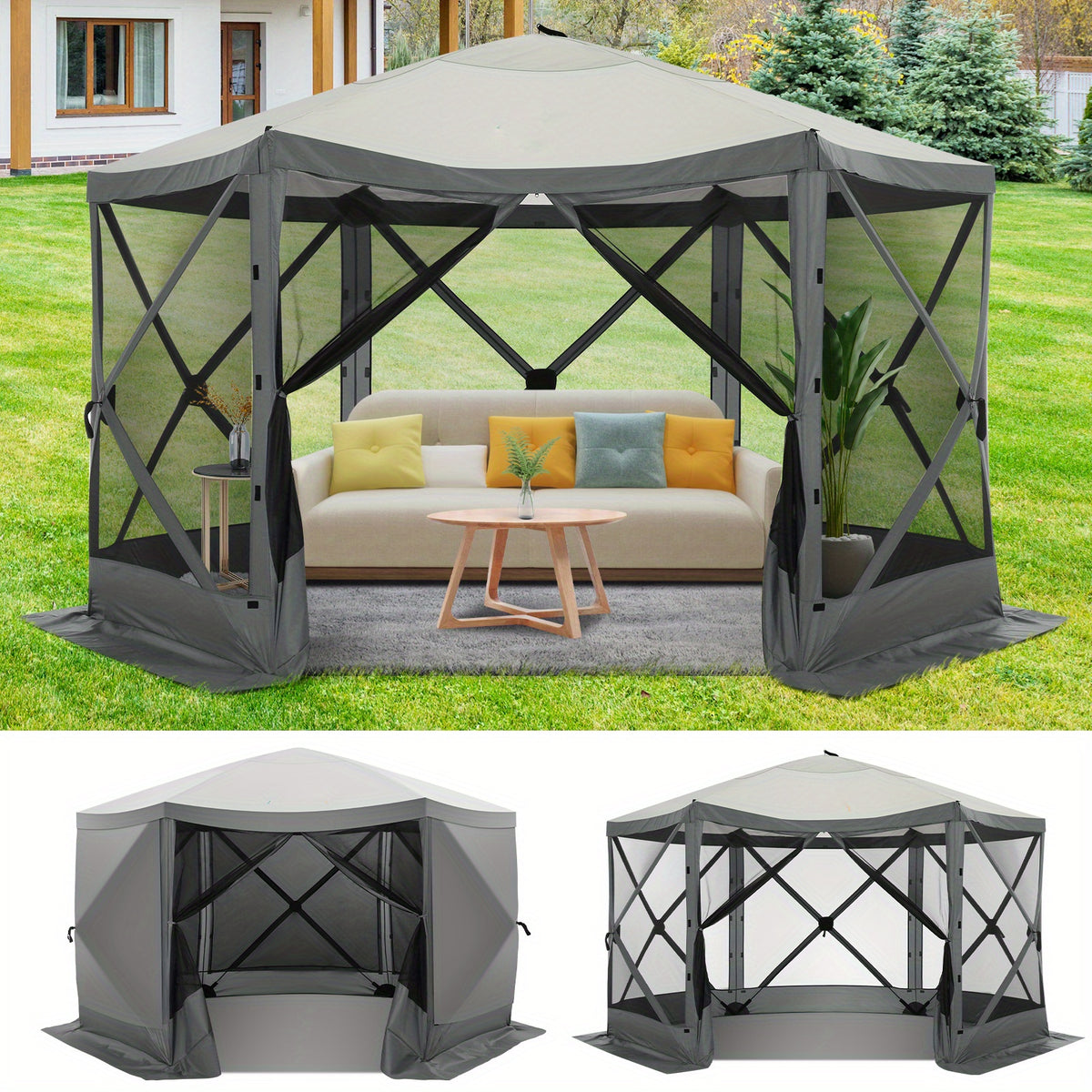 Pop-up Gazebo, 12x12ft Camping Gazebo, Outdoor Screen Gazebo, with Side Walls, Portable Hub Tent, with Tote Bag And Ground Stake