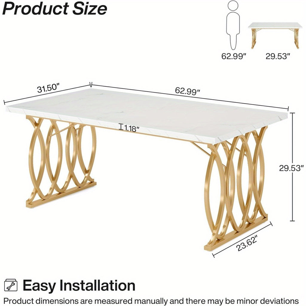 Modern Dining Table for 4-6 People, 63" Large Kitchen Table, Unique Rectangular Dinner Table, Dining Room Furniture with Faux Marble Tabletop And Geometric Legs