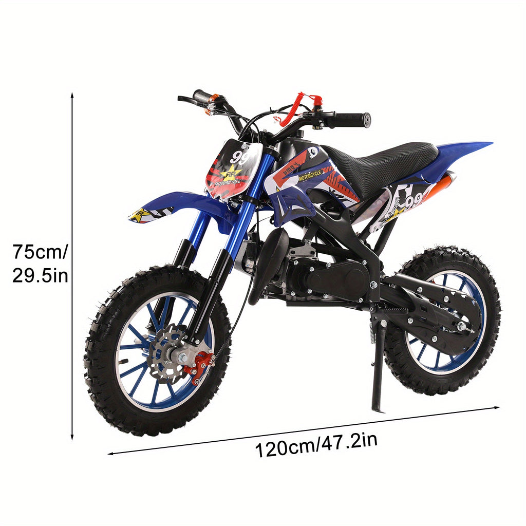 Dirt Bike 50cc Two-Stroke Mini Mountain Motorcycle with Front and Rear Disc Brakes and Top Speed Up to 25 mph