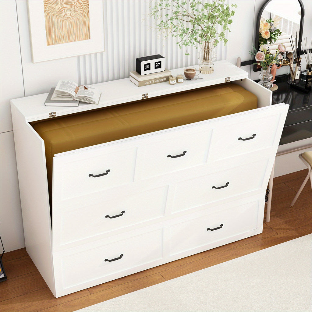 Murphy Bed Chest with Charging Station & Drawer, Murphy Chest Bed Space-Saving Folding Murphy Bed, White