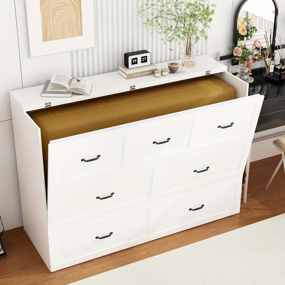 Murphy Bed Chest with Charging Station & Drawer, Murphy Chest Bed Space-Saving Folding Murphy Bed, White