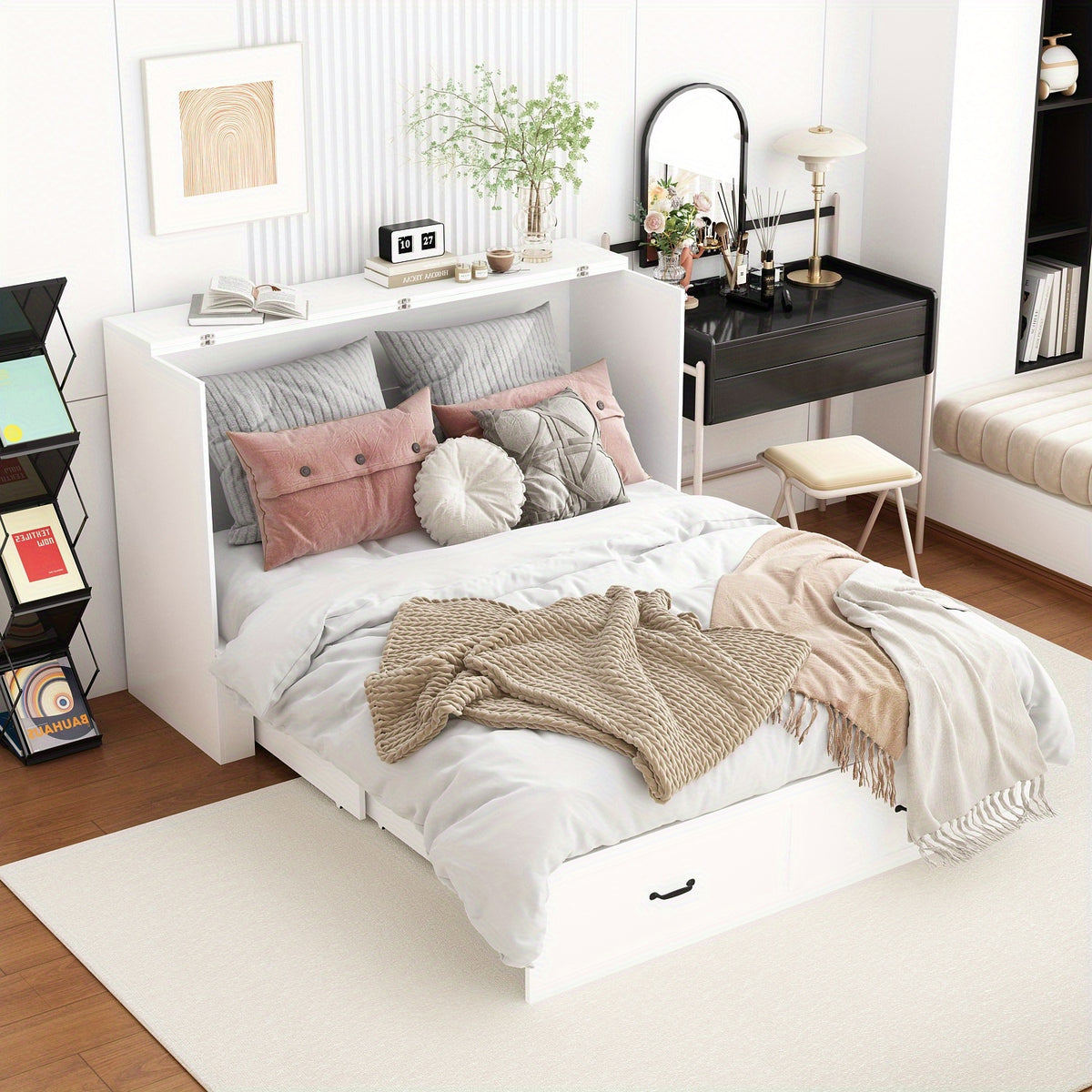 Murphy Bed Chest with Charging Station & Drawer, Murphy Chest Bed Space-Saving Folding Murphy Bed, White