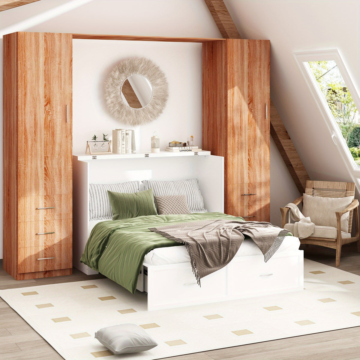 Murphy Bed Chest with Charging Station & Drawer, Murphy Chest Bed Space-Saving Folding Murphy Bed, White