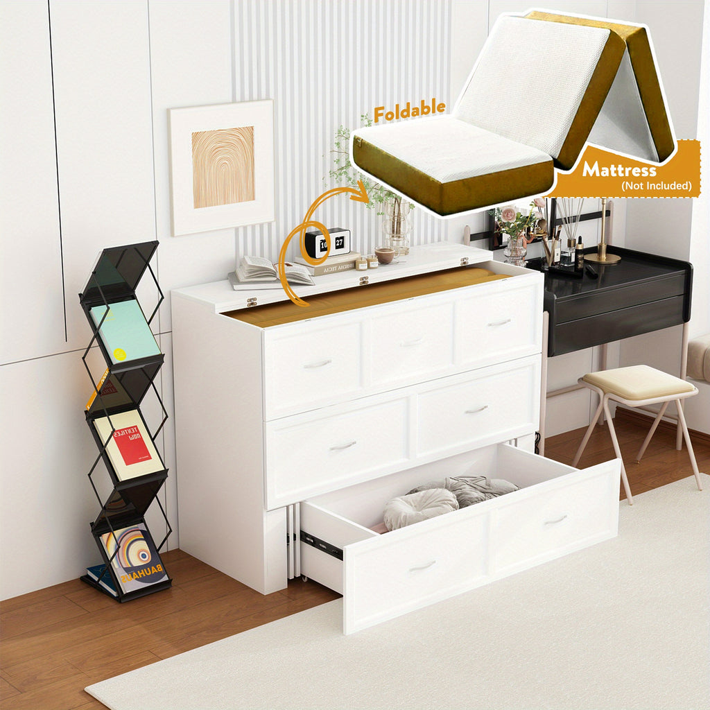 Murphy Bed Chest with Charging Station & Drawer, Murphy Chest Bed Space-Saving Folding Murphy Bed, White