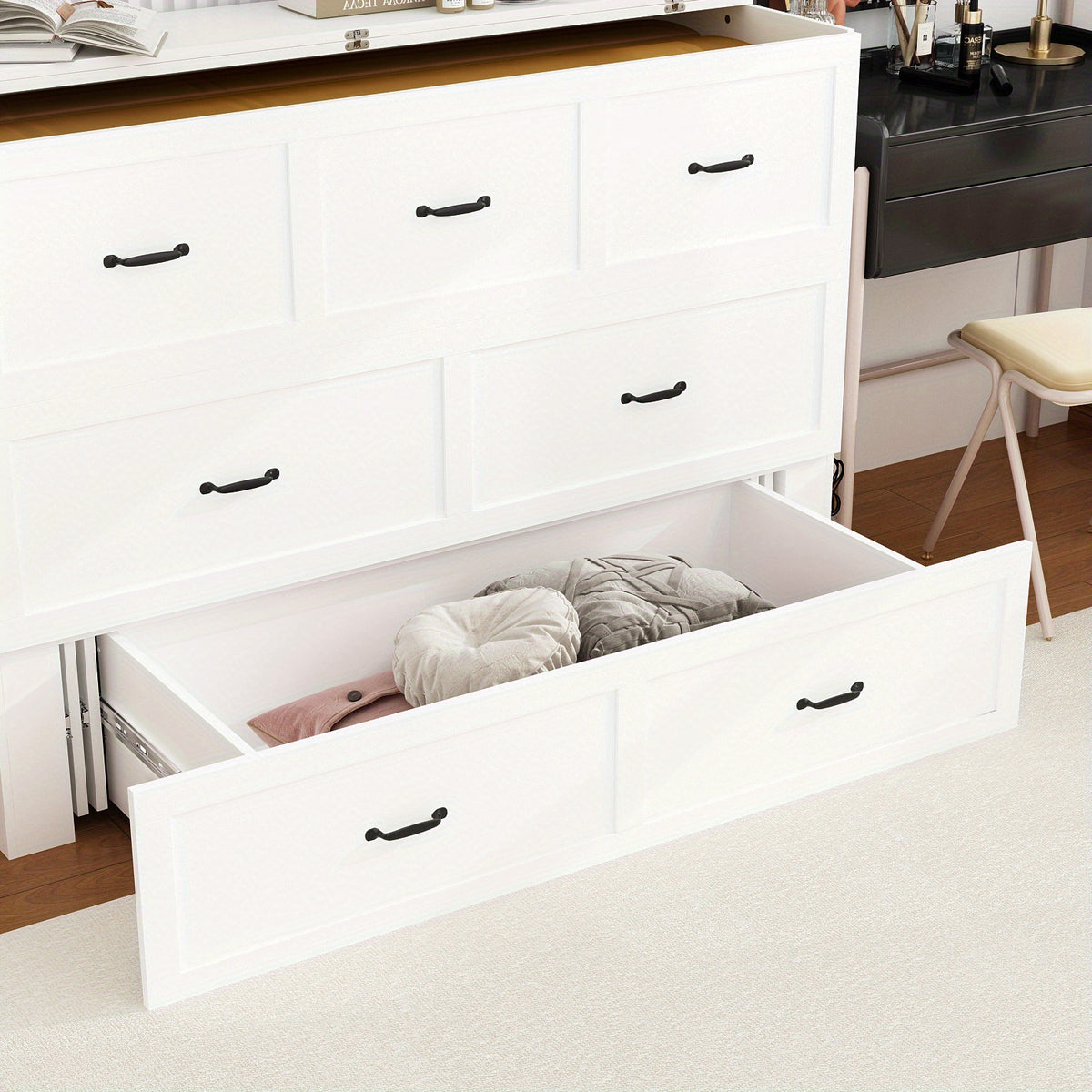 Murphy Bed Chest with Charging Station & Drawer, Murphy Chest Bed Space-Saving Folding Murphy Bed, White