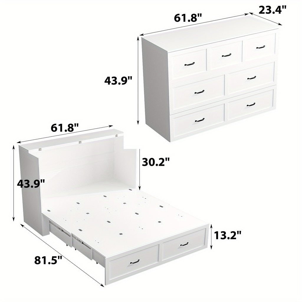 Murphy Bed Chest with Charging Station & Drawer, Murphy Chest Bed Space-Saving Folding Murphy Bed, White