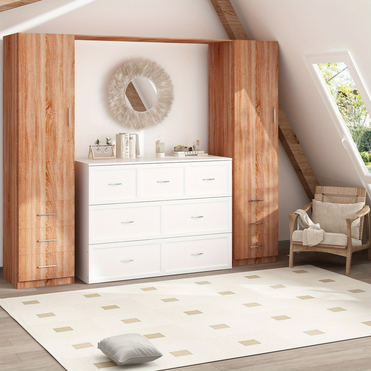 Murphy Bed Chest with Charging Station & Drawer, Murphy Chest Bed Space-Saving Folding Murphy Bed, White