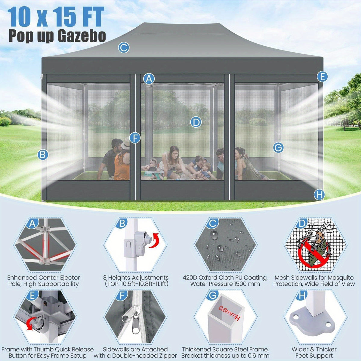 10x15ft Pop Up Tent, Canopy with Side Walls and Mesh, Includes Handbag, Enhanced Construction for Strength & Stability, Easy Setup, Perfect for Parties in Gardens, Lawns, Terraces, and Outdoor Festivals