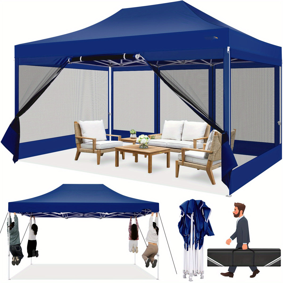 10x15ft Pop Up Tent, Canopy with Side Walls and Mesh, Includes Handbag, Enhanced Construction for Strength & Stability, Easy Setup, Perfect for Parties in Gardens, Lawns, Terraces, and Outdoor Festivals
