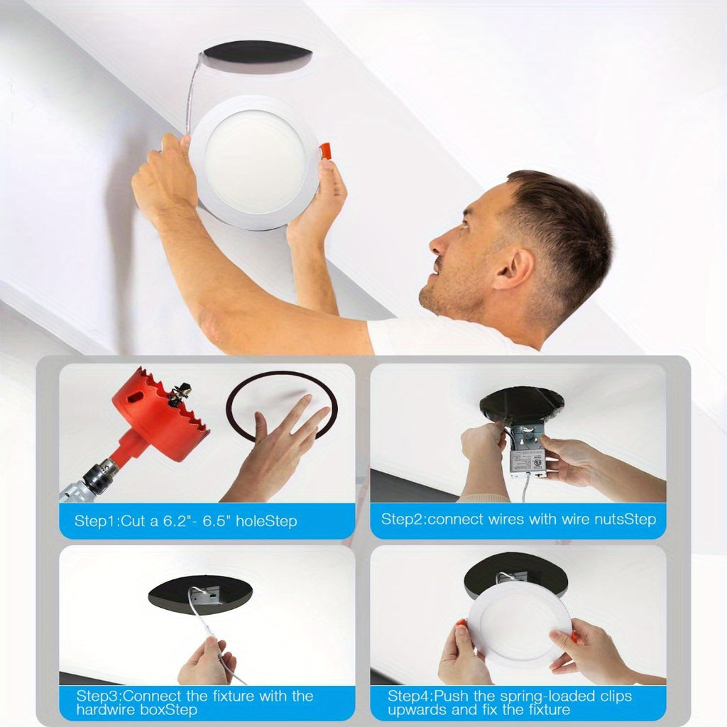 24/72-Pack 6-Inch 5CCT Ultra-Thin LED Recessed Ceiling Light with Junction Box, 2700K/ 3000K/ 3500K/ 4000K/ 5000K Optional, 1050LM Brightness, Dimmable Slotless Wafer Downlight, 12W Is Equivalent to 110W And Is Suitable for Ceiling Lighting