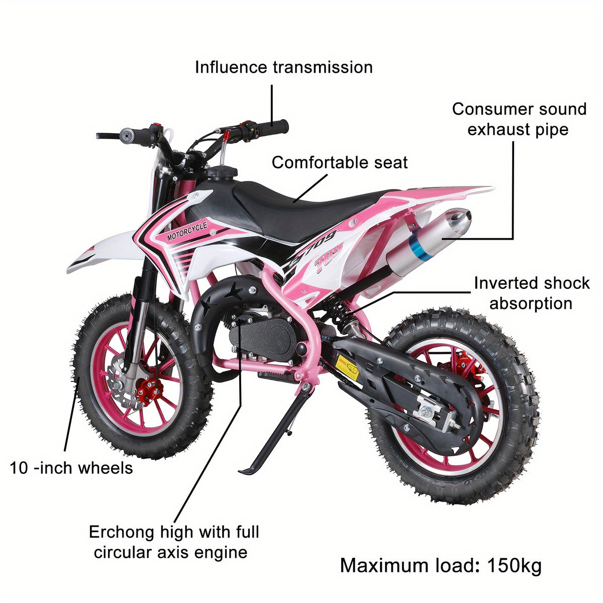 A 47.24*27.56 Inch - Mini Motorcycle 49cc 2-stroke - Off-road Gas-powered Off-road - Off-road Mini Pocket Motorcycle - With Front And Rear Disc Brakes (pink) - Without Battery