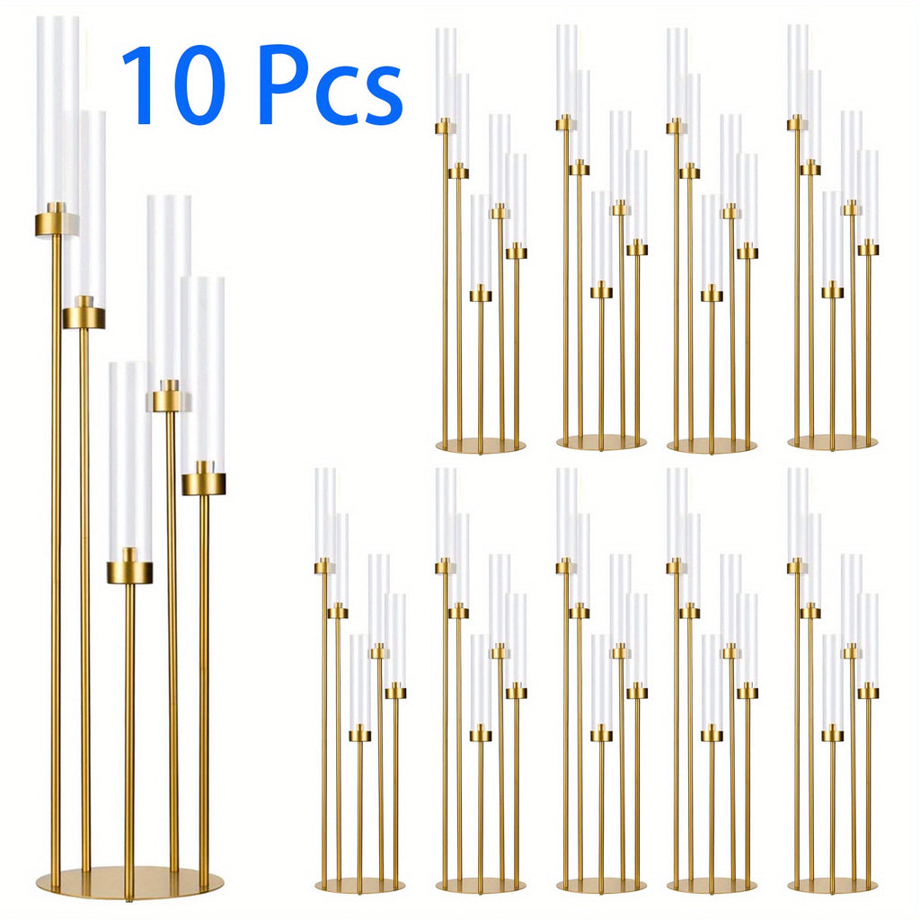 10 Sets Acrylic Candelabra Centerpieces 39.4" Tall Clear Candle Holders Pillar Taper Candlestick with Lampshades 5 Arm Floor Candelabra Stand for Wedding Christmas Ceremony Dinner Party Halloween Christmas