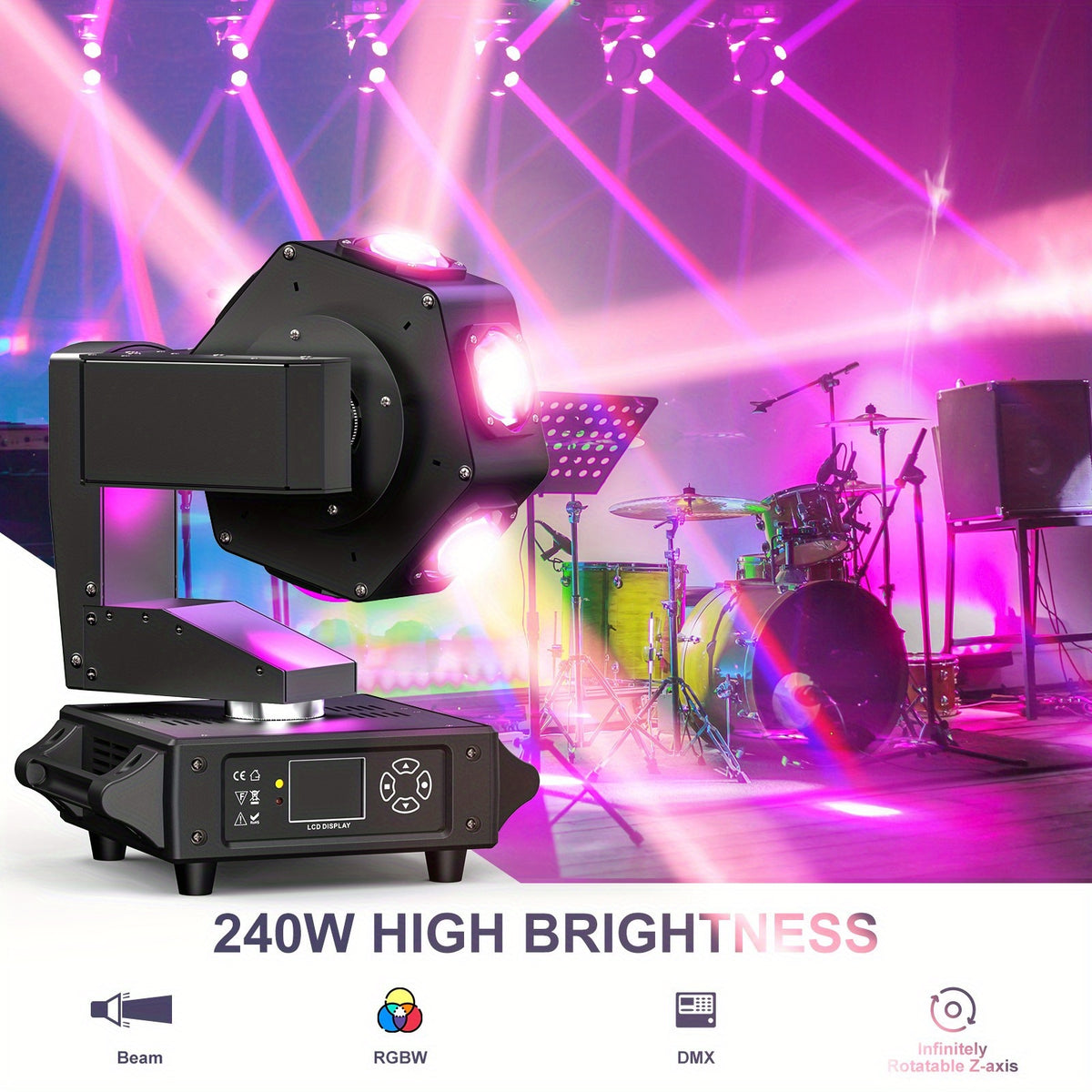 240W LED RGBW Moving Head Lights Single Flying Magnetic Light for DJ Disco Stage Prom Bar Party Dance Floor Club DMX512 14/16CH