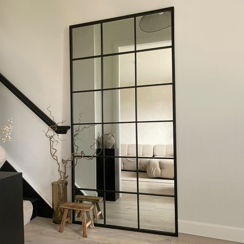 Windowpane Grid Mirror, Full-Length Black Rectangular Floor Mirror for Bedroom, Living Room, Entryway Decor