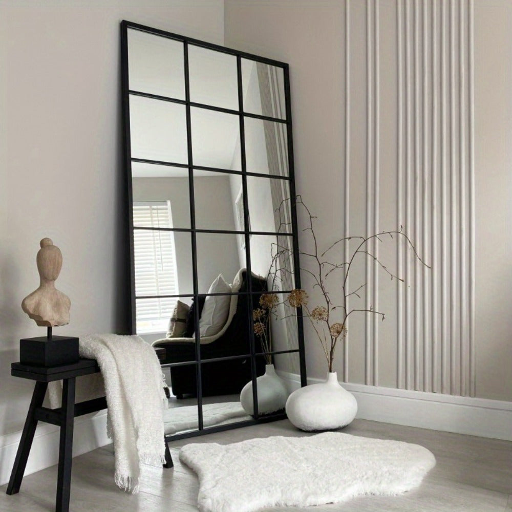 Windowpane Grid Mirror, Full-Length Black Rectangular Floor Mirror for Bedroom, Living Room, Entryway Decor