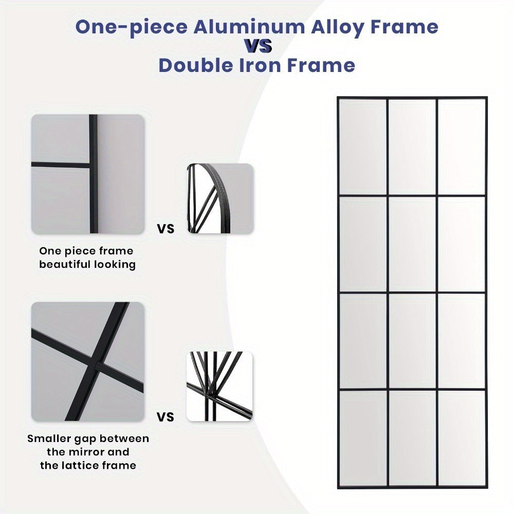 Windowpane Grid Mirror, Full-Length Black Rectangular Floor Mirror for Bedroom, Living Room, Entryway Decor