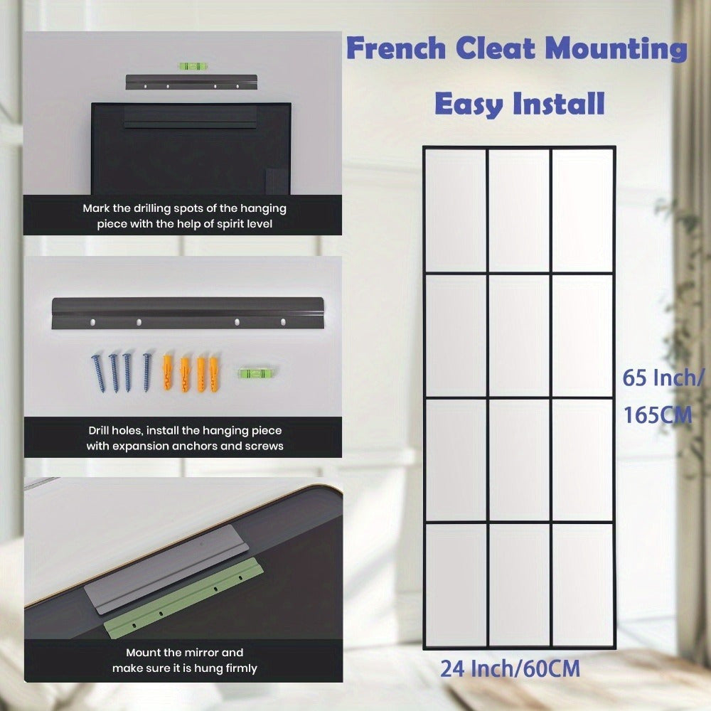 Windowpane Grid Mirror, Full-Length Black Rectangular Floor Mirror for Bedroom, Living Room, Entryway Decor