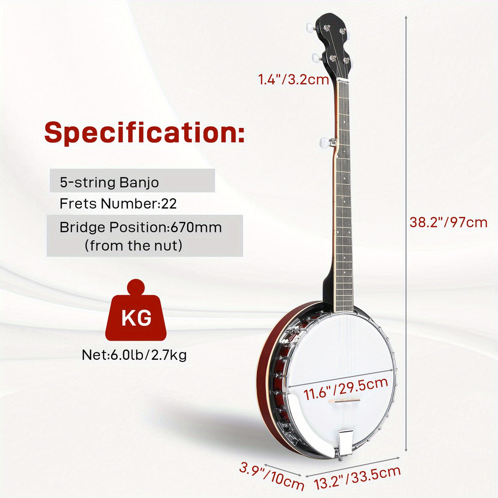 Full Size 5 String Right Handed Banjos Set with Closed Solid Sapele Back & Premium Mahogany Neck And Premium Additions