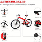 Folding 21 Shimano Speed 26" Wheel Riding Mountain Bike, Steel Frame Trail Road Bicycle, for Men and Women