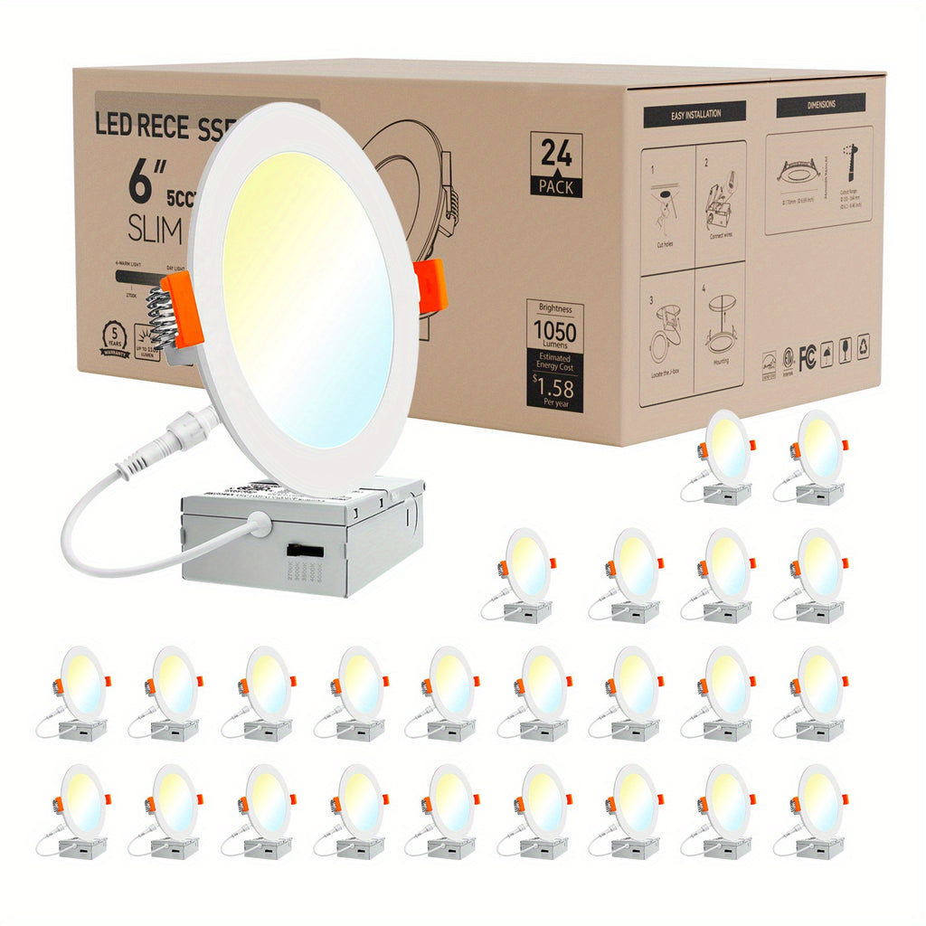 24/72-Pack 6-Inch 5CCT Ultra-Thin LED Recessed Ceiling Light with Junction Box, 2700K/ 3000K/ 3500K/ 4000K/ 5000K Optional, 1050LM Brightness, Dimmable Slotless Wafer Downlight, 12W Is Equivalent to 110W And Is Suitable for Ceiling Lighting