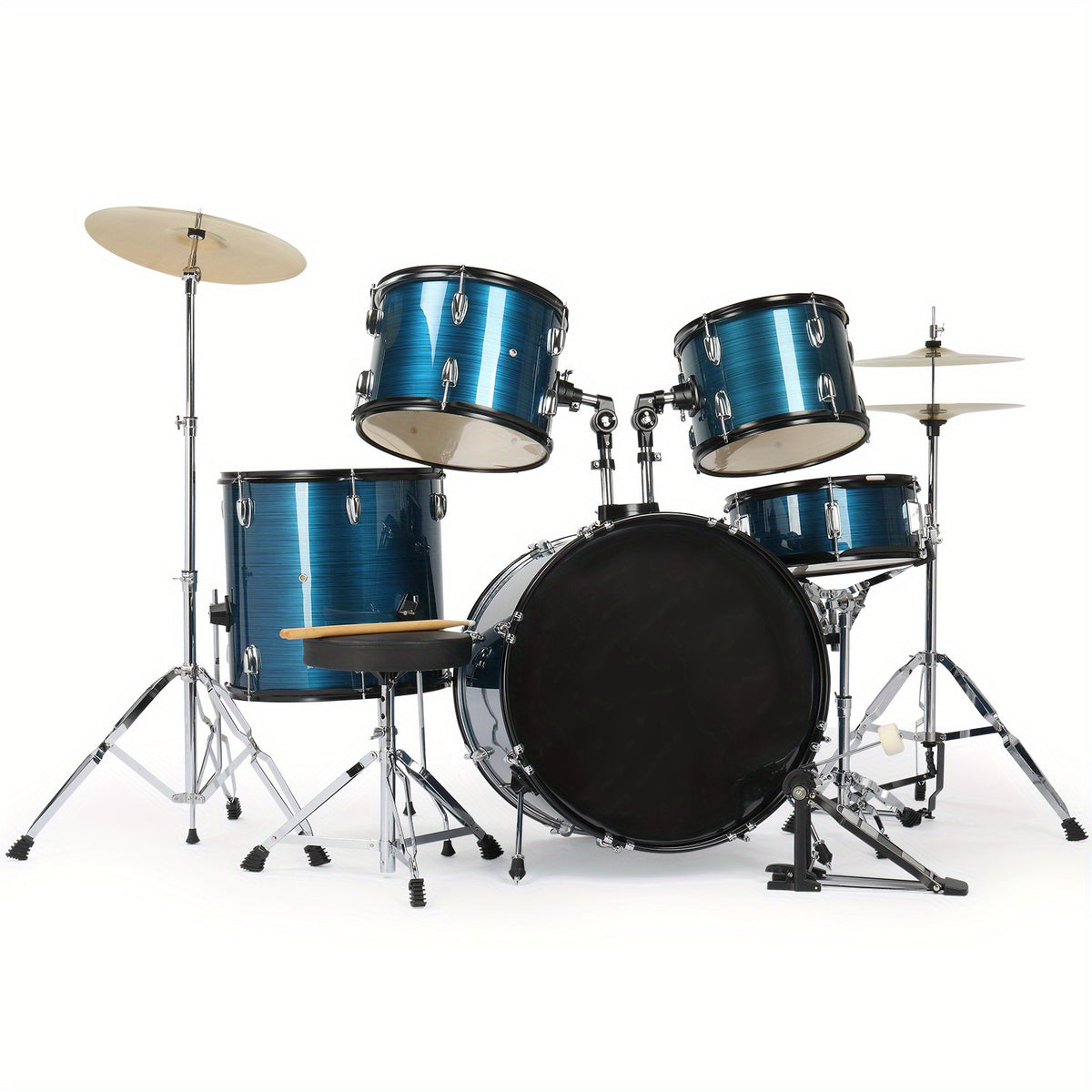 Full Size Adult Drum Set 5pcs Black with Bass Drum, Two Tom Drum, Snare Drum, Floor Tom, 16" Ride Cymbal, 14" Hi-hat