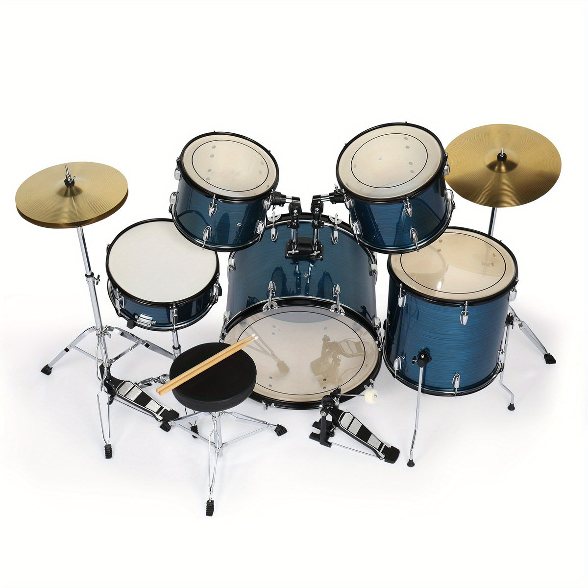 Full Size Adult Drum Set 5pcs Black with Bass Drum, Two Tom Drum, Snare Drum, Floor Tom, 16" Ride Cymbal, 14" Hi-hat