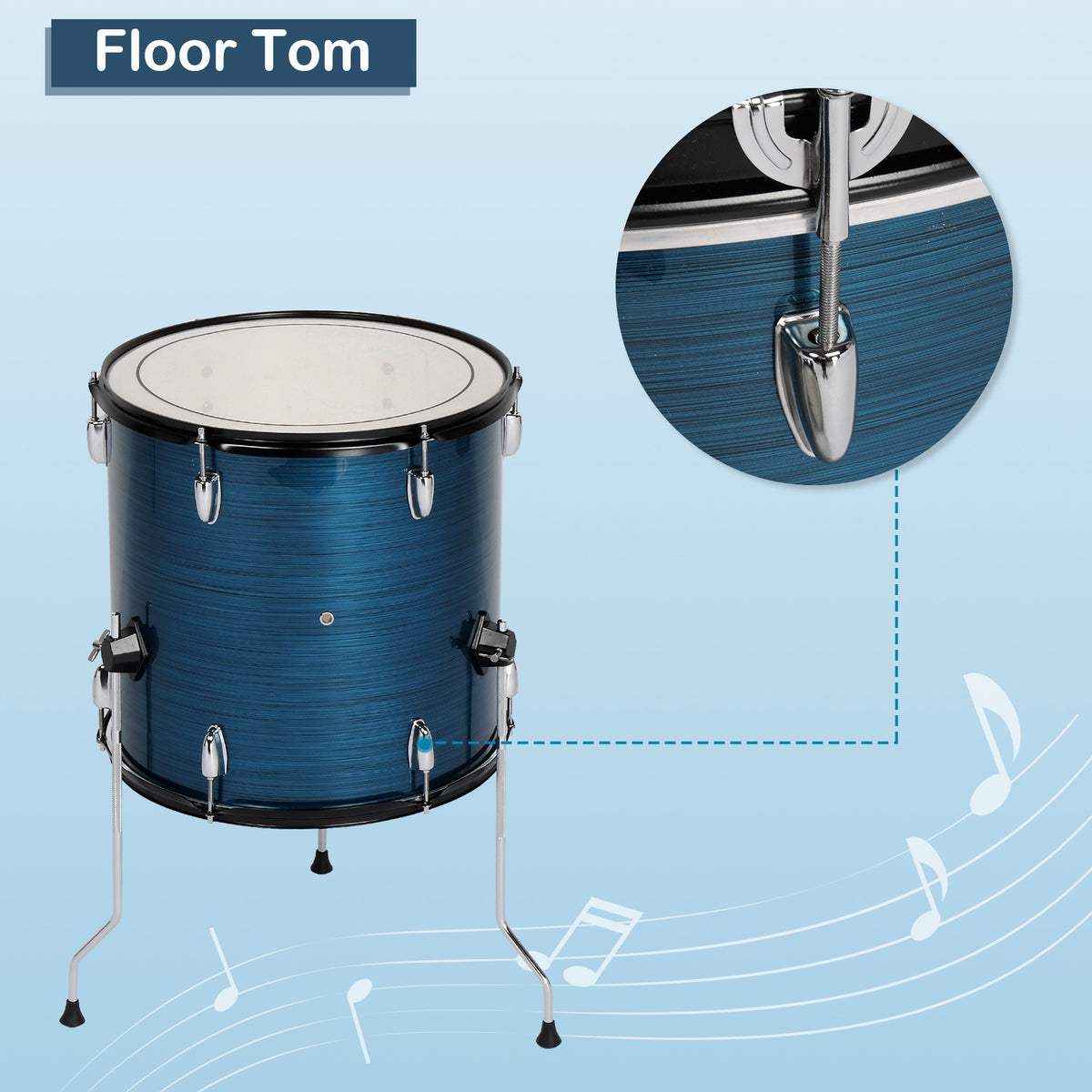 Full Size Adult Drum Set 5pcs Black with Bass Drum, Two Tom Drum, Snare Drum, Floor Tom, 16" Ride Cymbal, 14" Hi-hat
