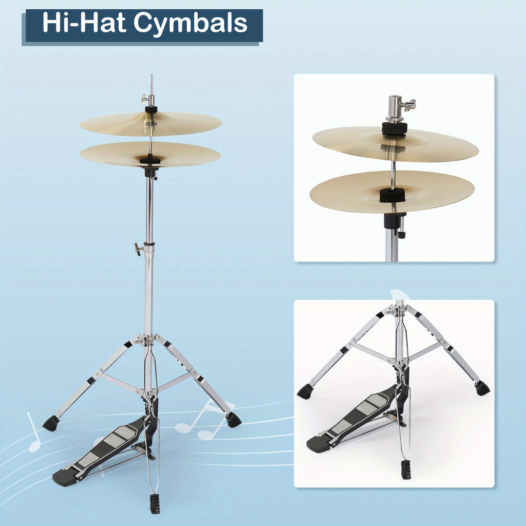 Full Size Adult Drum Set 5pcs Black with Bass Drum, Two Tom Drum, Snare Drum, Floor Tom, 16" Ride Cymbal, 14" Hi-hat