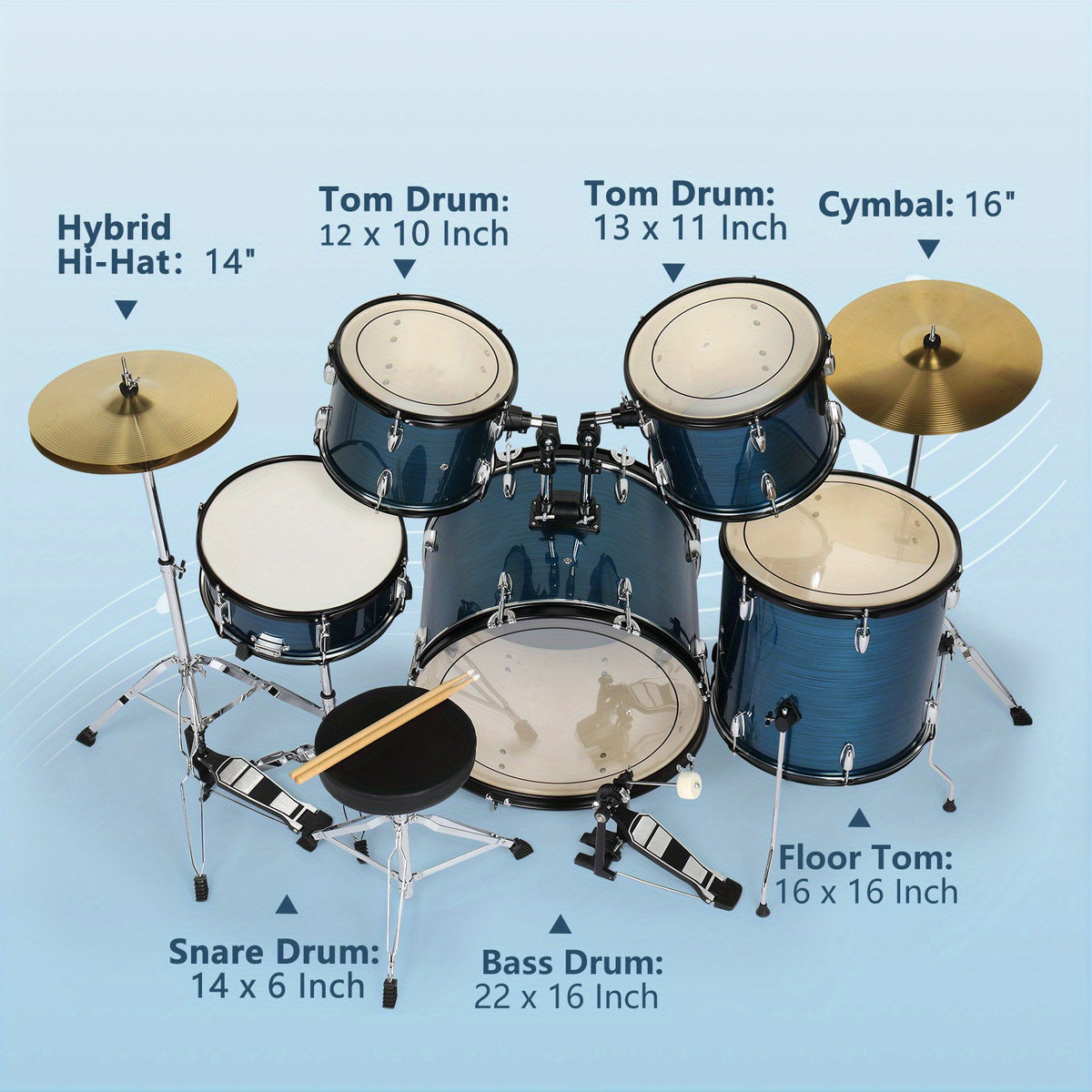 Full Size Adult Drum Set 5pcs Black with Bass Drum, Two Tom Drum, Snare Drum, Floor Tom, 16" Ride Cymbal, 14" Hi-hat