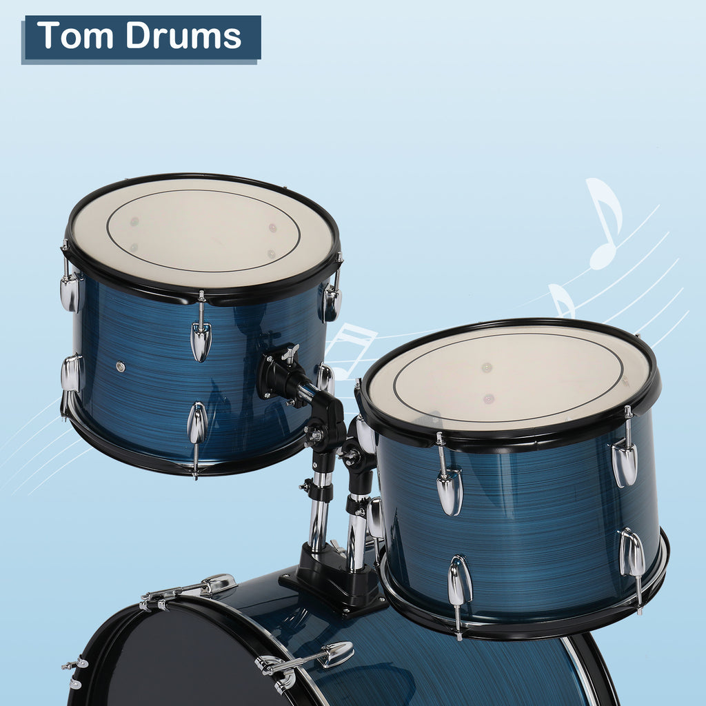 Full Size Adult Drum Set 5pcs Black with Bass Drum, Two Tom Drum, Snare Drum, Floor Tom, 16" Ride Cymbal, 14" Hi-hat