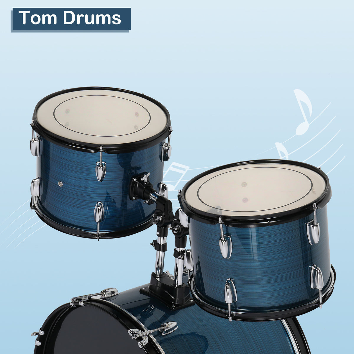 Full Size Adult Drum Set 5pcs Black with Bass Drum, Two Tom Drum, Snare Drum, Floor Tom, 16" Ride Cymbal, 14" Hi-hat