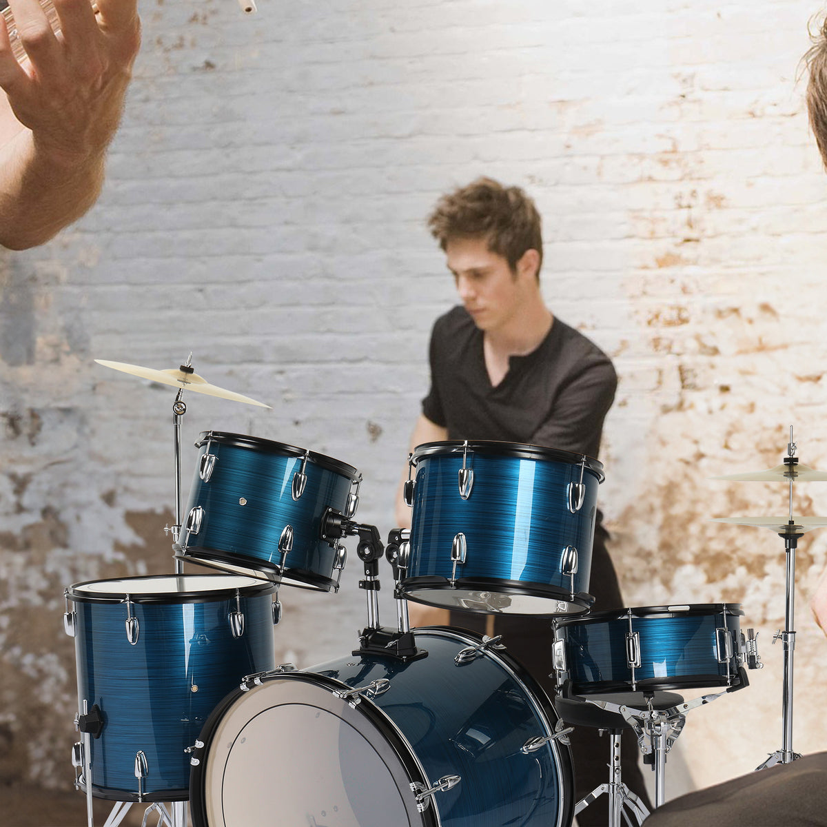 Full Size Adult Drum Set 5pcs Black with Bass Drum, Two Tom Drum, Snare Drum, Floor Tom, 16" Ride Cymbal, 14" Hi-hat