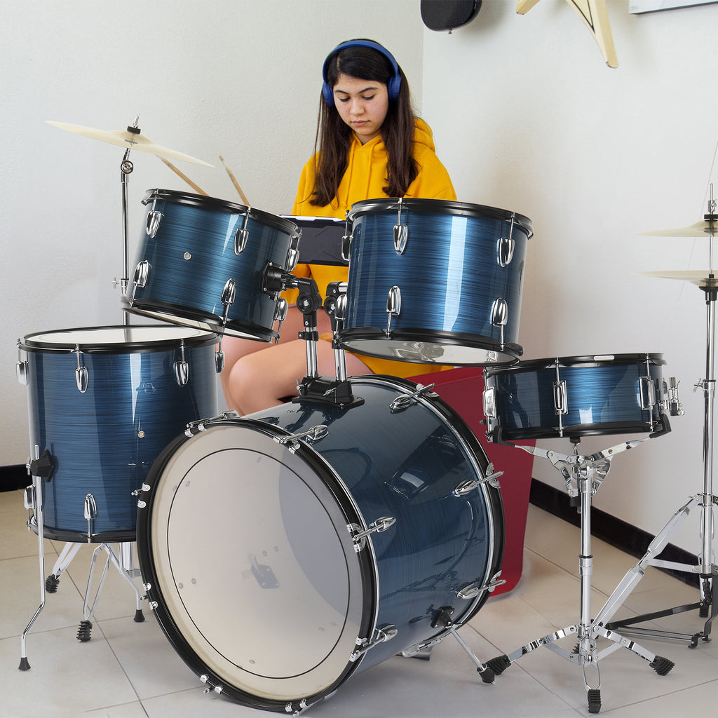 Full Size Adult Drum Set 5pcs Black with Bass Drum, Two Tom Drum, Snare Drum, Floor Tom, 16" Ride Cymbal, 14" Hi-hat