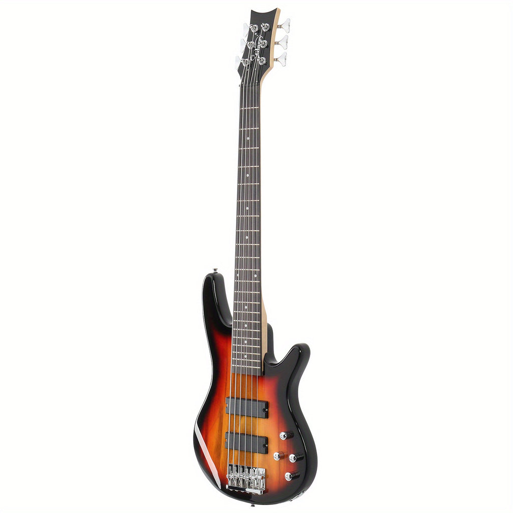 Full Size GIB 6 String H-H Pickup Electric Bass Guitar Bag Strap Pick Connector Wrench Tool Sunset Color