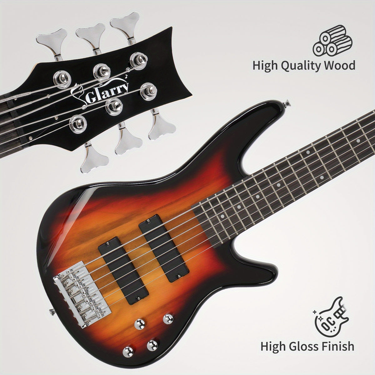 Full Size GIB 6 String H-H Pickup Electric Bass Guitar Bag Strap Pick Connector Wrench Tool Sunset Color